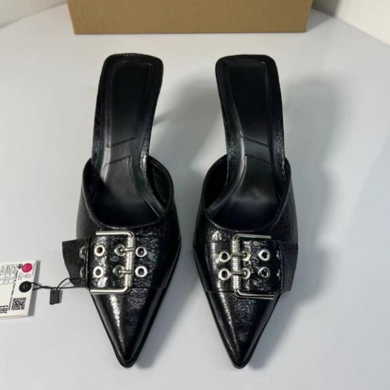 Mode Spitzschuh Damen Pantoletten Schuhe Gürtelschnalle Schwarz Lackleder Stiletto Hohe Absätze Modedesigner Sommer Sandalen für Damen
