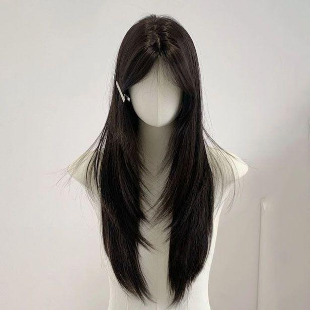 Confession Balloon Women's Long Black Tea-Colored Straight Wig, Natural Lolita Style, Full Head Cover, Middle Part.