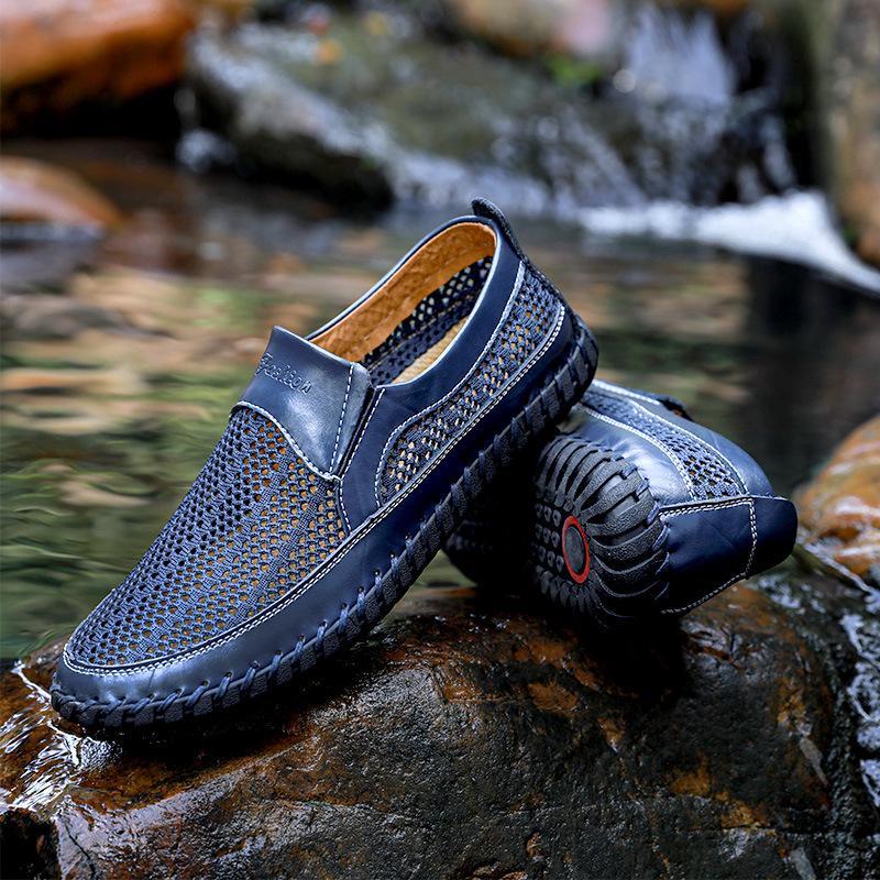 Men's Breathable Mesh Summer Sandals - Size 50, Soft Sole Slip-on Leather Shoes for Dad