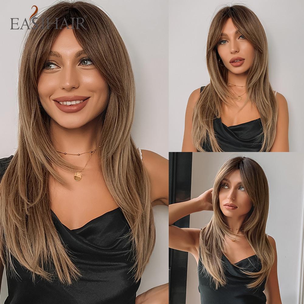 EASIHAIR Dark Brown Black Synthetic Wigs with Bangs Medium Straight Layered Natural Hairs for Women Daily Cosplay Heat Resistant