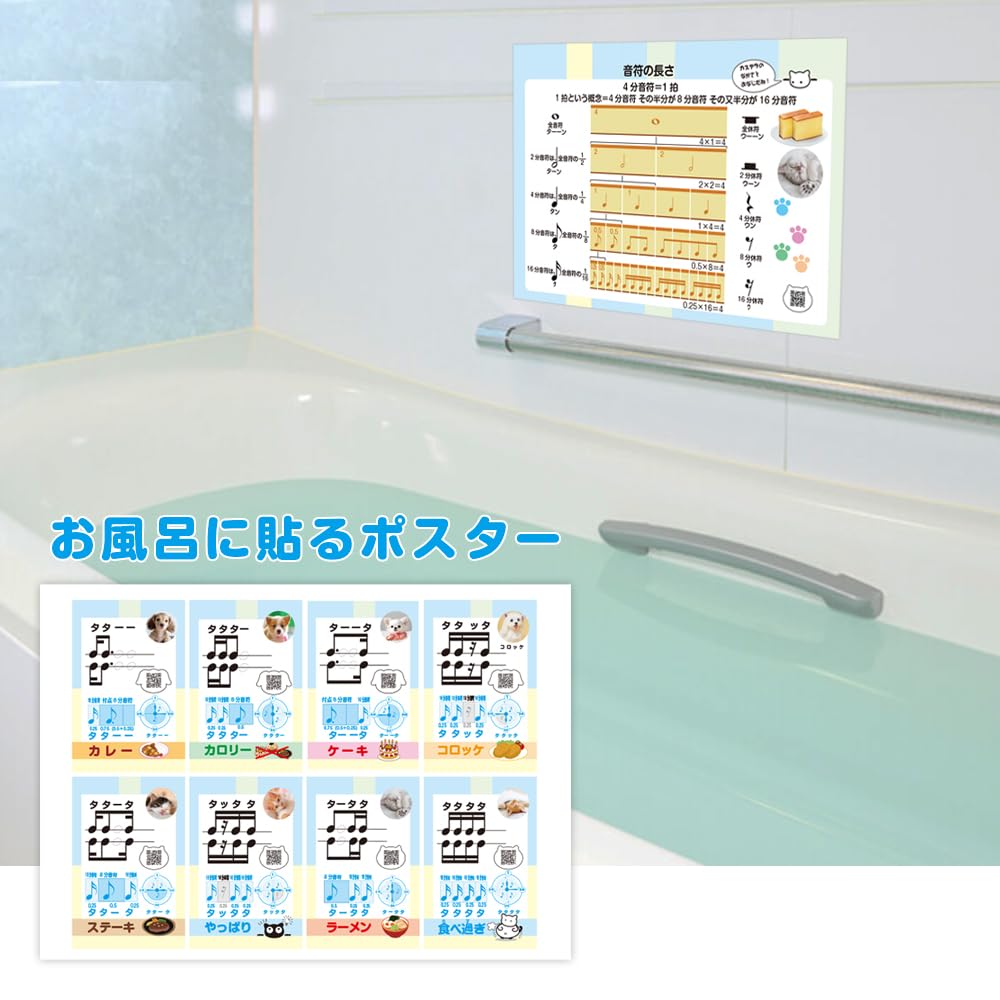 Rhythm Bath Poster Set of 2 Single Sided A3 Size Piano Notes Rhythm Keyboard Beginner Music Teaching Materials Lesson Supplies Waterproof Learning / /