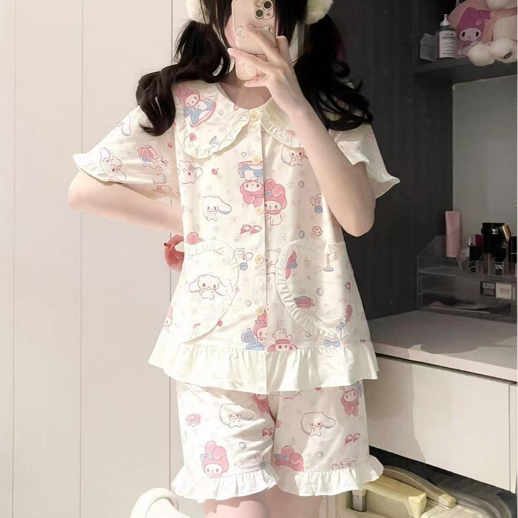 Japanese cute pajamas women's summer short-sleeved shorts doll collar two-piece set girl princess style loungewear