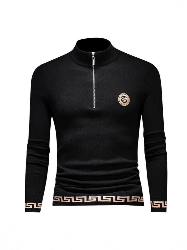European Autumn/Winter Men's Slim Fit Embroidered Wool Half-Zip Sweater