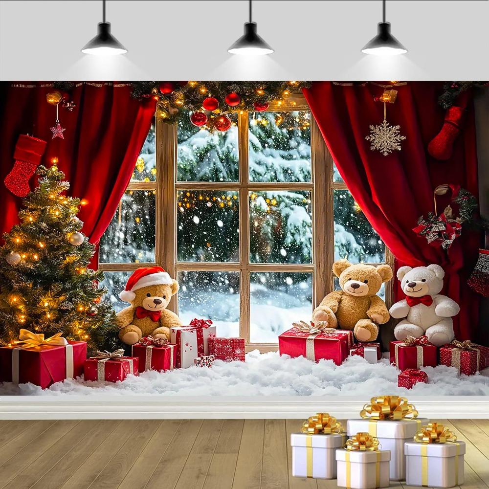 Winter Christmas and Happy New Year Banner Decoration Background Snow Scenery Teddy Bear Decoration Photography Background