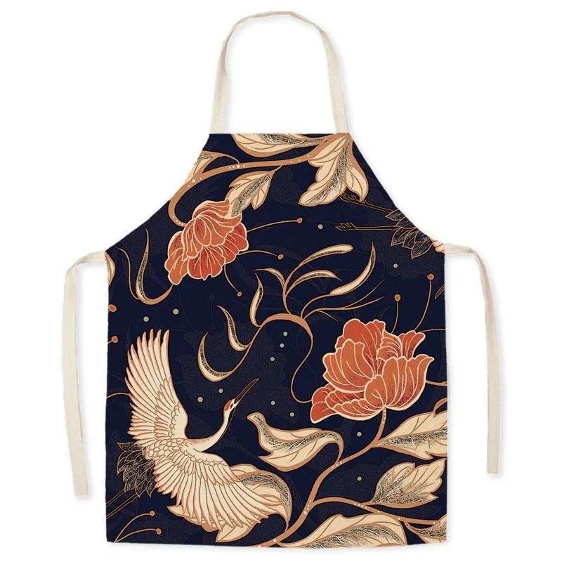 Retro Chinese crane pattern linen apron home cleaning anti-oil bib kitchen adult cooking baking sleeveless apron