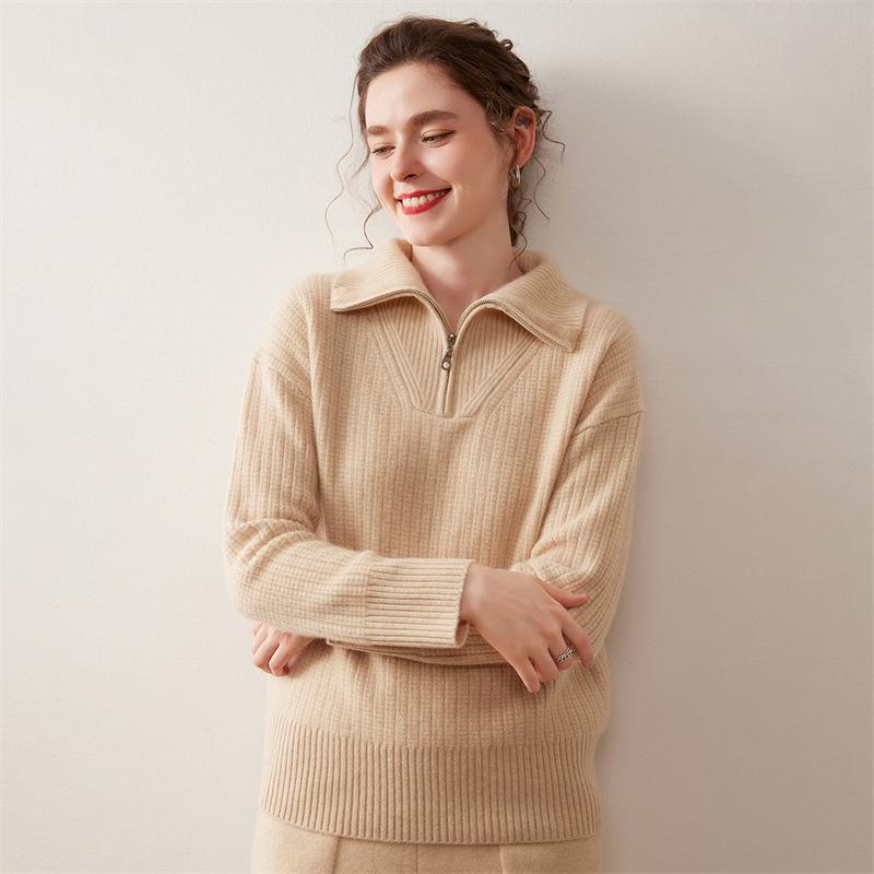 Women's Casual Ribbed Cashmere Sweater, Loose Fit, Half Zip, Solid Color, Autumn/Winter