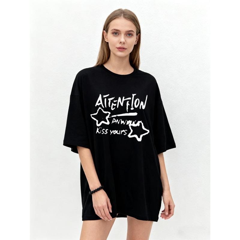 

Oversized T Shirt Black Attention Dww Kiss Yours Star Print Graphic Tee Casual Streetwear Fashion Women Summer Top XXXXL чёрный