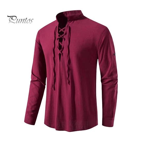 

Весенняя мужская рубашка на шнуровке с воротником-стойкой, сплошной цвет с длинными рукавами, ретро хиппи, повседневный пуловер в пляжном стиле, повседневный топ средней длины S вино красного