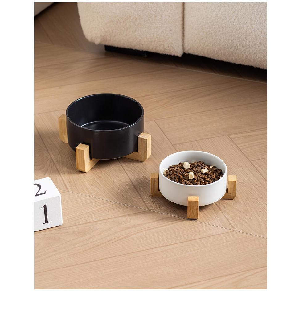 Ceramic Pet Food Bowl with Elevated Bamboo Stand - Anti-Tip Design for Dogs and Cats, Protects Cervical Spine