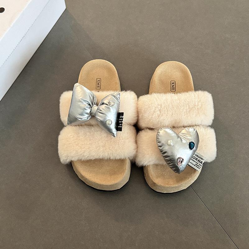 

Мягкие плюшевые универсальные ретро-бантики 2025 осень новые пушистые туфли женские шлепанцы на одной подошве хлопковые тапочки 40 бежевый