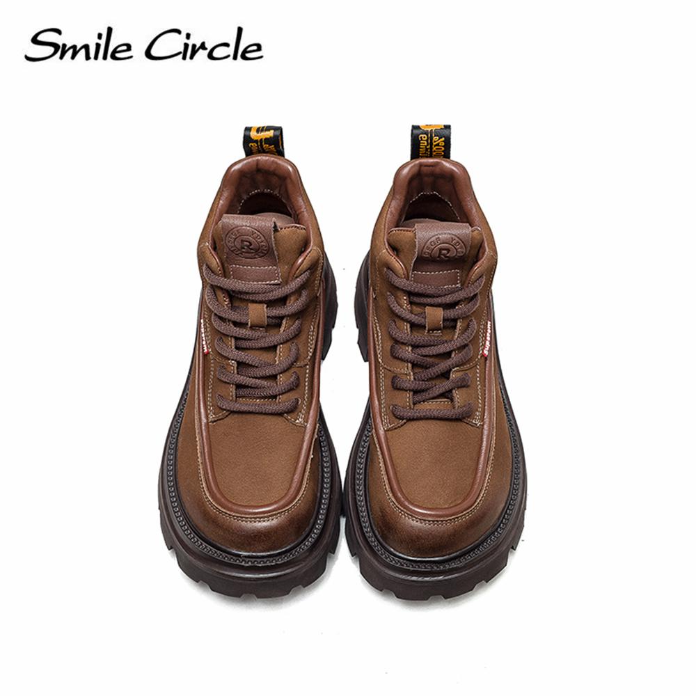 Natural Leather Chunky Women's Ankle Boots High Top Thick Bottom Boots Lace Up Casual Women's Motorcycle Boots