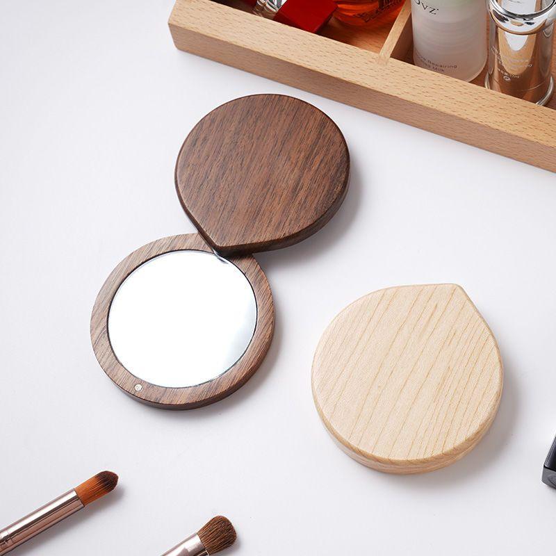 Wooden HD Handheld Mirror Portable Portable Small Mirror Slide Cover Mini and Simple Cosmetic Mirror Female Custom Creative Gift