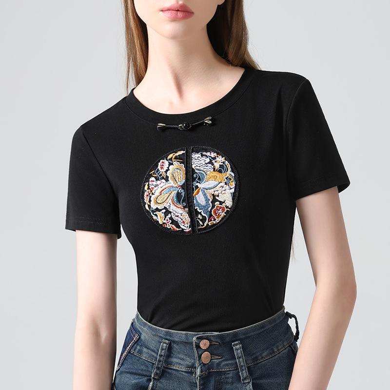 New Chinese Short-sleeved T-shirt for Women's New Round Neck Embroidered Embroidered T-shirt Light Chinese Style Chinese Elements Improved Top
