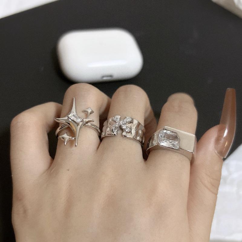 Cold Wind Starlight Inlaid Zircon Open Ring Set Handicraft Soul Collision Trendy Jewelry Accessories 2024