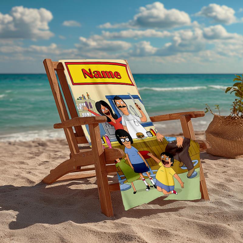 Custom Name Ultra-Soft Beach Towel with Bob's Burgers Theme,Ideal for Pool - Camping, Diving - Perfect Travel Essential, Vibrant Beach Towel.