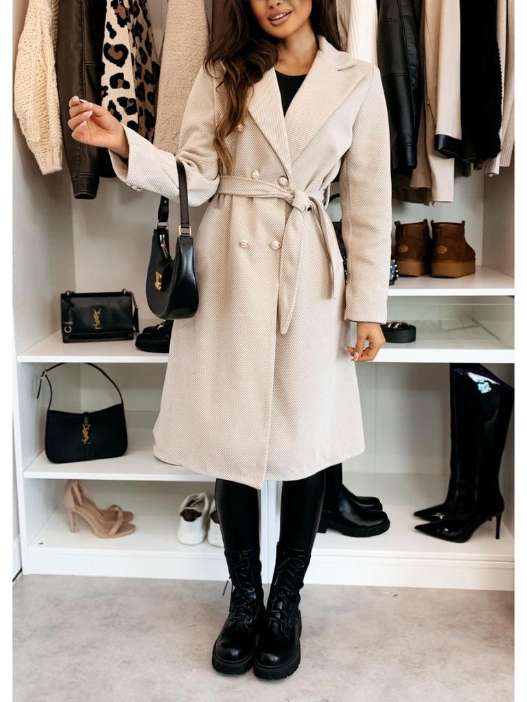 2024 Damen Wintermode Zweireihiger Wollmantel mit Bindegürtel