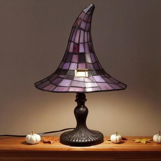 Yousheng Buntglas Hexenhut Lampe, USB-betriebenes Nachtlicht, Handgefertigte Harz-Buntglas Schreibtischlampe, Halloween Gothic Dekor für Schlafzimmer