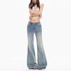 Spring Summer Vintage Light Blue Handmade Cat Whisker Low Waist Classic Slim Micro Flare Denim Pants For Women Casual Pants Oversize Denim Trousers