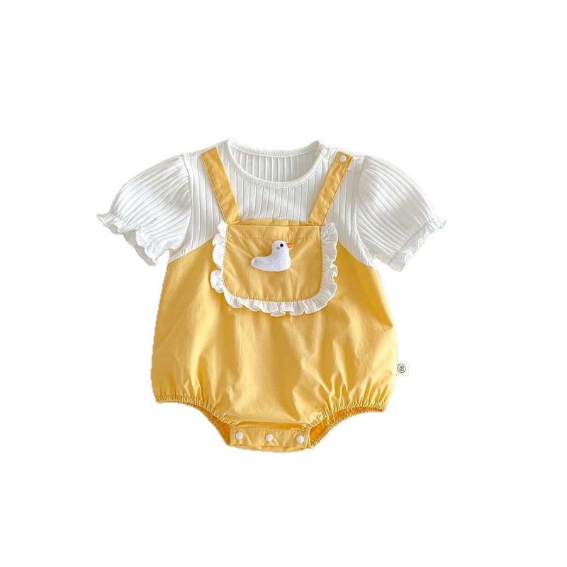 New Summer Style Fake Two-Piece Romper for Infants, Super Cute Cartoon Short-Sleeve Jumpsuit for Young Babies
