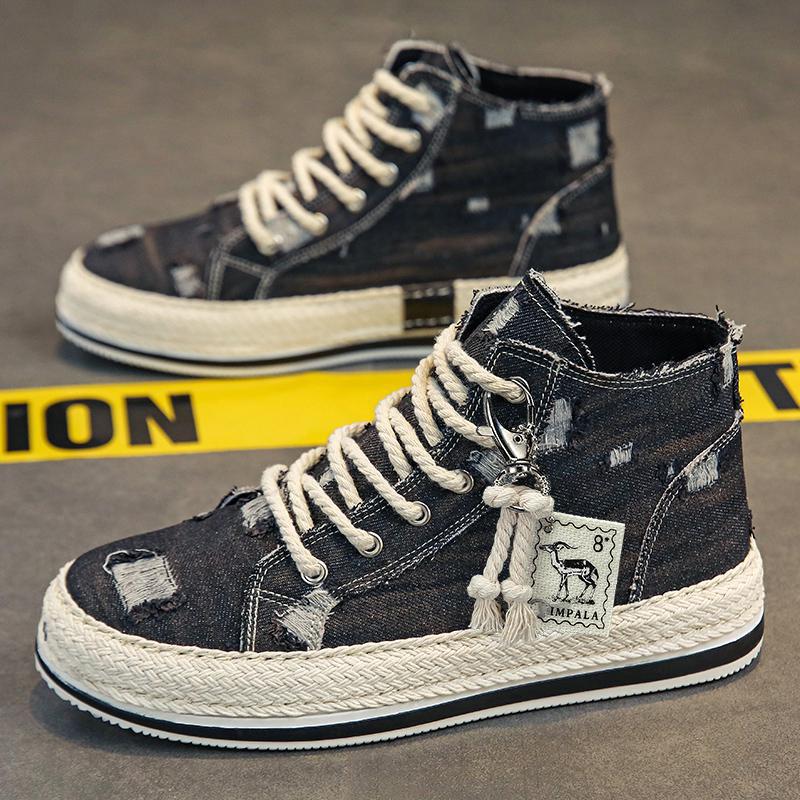 Fashion Denim Men's Canvas Shoes Breathable High Top Shoes for Men Slip On Sneakers Male Spring Summer Casual Platform Vulcanized Shoes