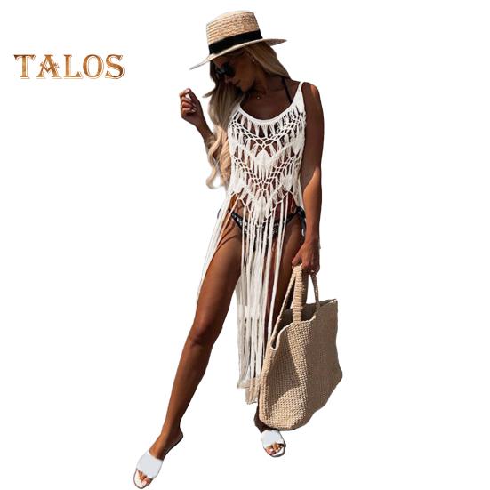 

Пляжное платье в стиле бохо для женщин, ажурный подол с бахромой, сексуальное прикрывающее платье, летние купальные костюмы, халат, вязаный крючком, кисточка, слинг, пляжная одежда белый