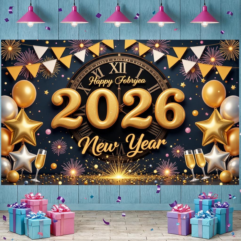 2026 Festive Display Glitter Accents 2026 Holiday Background 2026 Event Display Colorful Balloons New Year Party Backdrop
