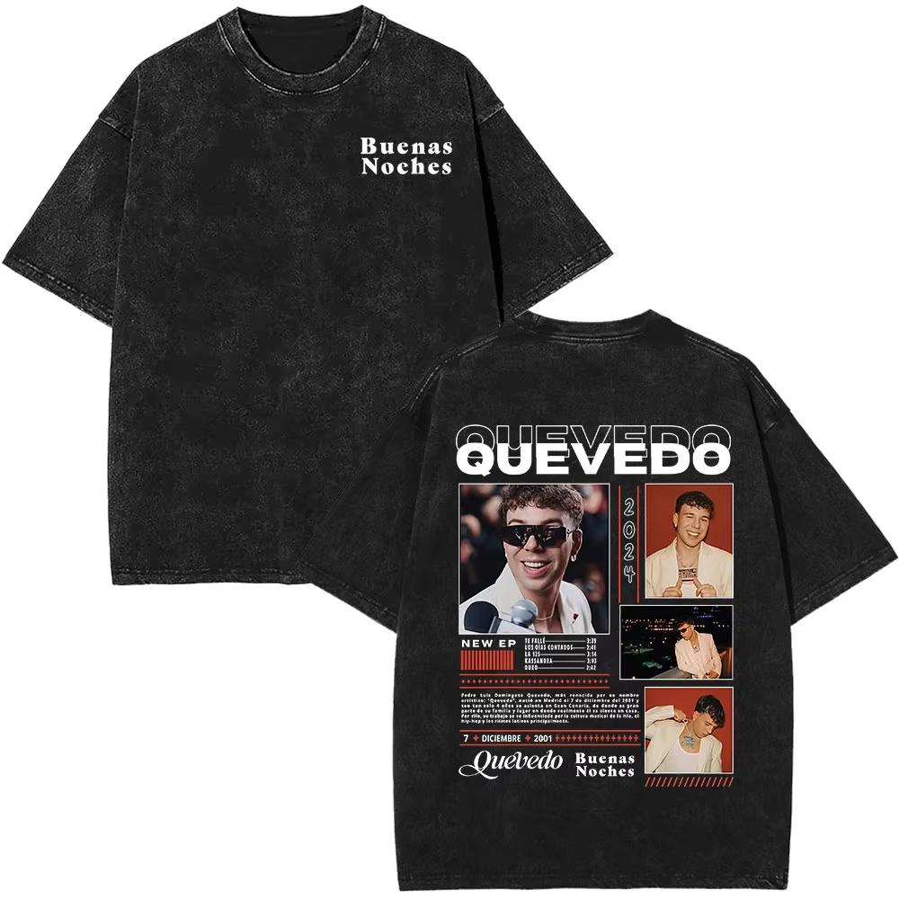 Rapper Quevedo Buenas Noches Vintage Washed T Shirt Mens High Quality Short Sleeve Tshirts Fashion Oversized Harajuku Tshirts