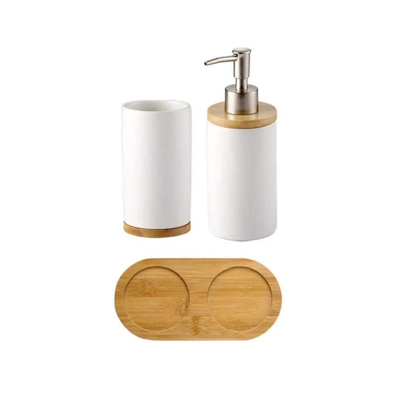 Toothbrush Holder Cup Ceramics Tooth Brush Organizer Nordic Style Bathroom Accessories Set with Wood Base Bathroom Space Saving