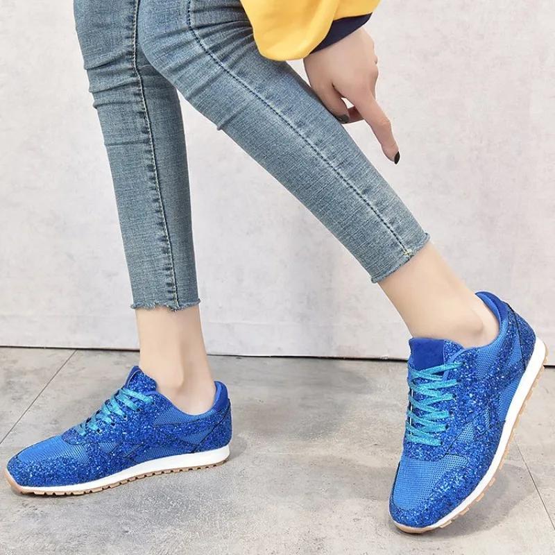 Women Sneakers Shining Glitter Autumn Flats Plus Size 43 Mesh Breathable Ladies Tenis Trainers Shoes Feminino Platform Shoes