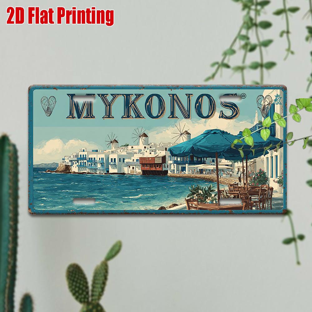 2D Flat 1 Retro Greek Island Mykonos Metal License Plate - Greek Coastal Decor, Suitable for Home, Bar, Cafe, Garage, Office