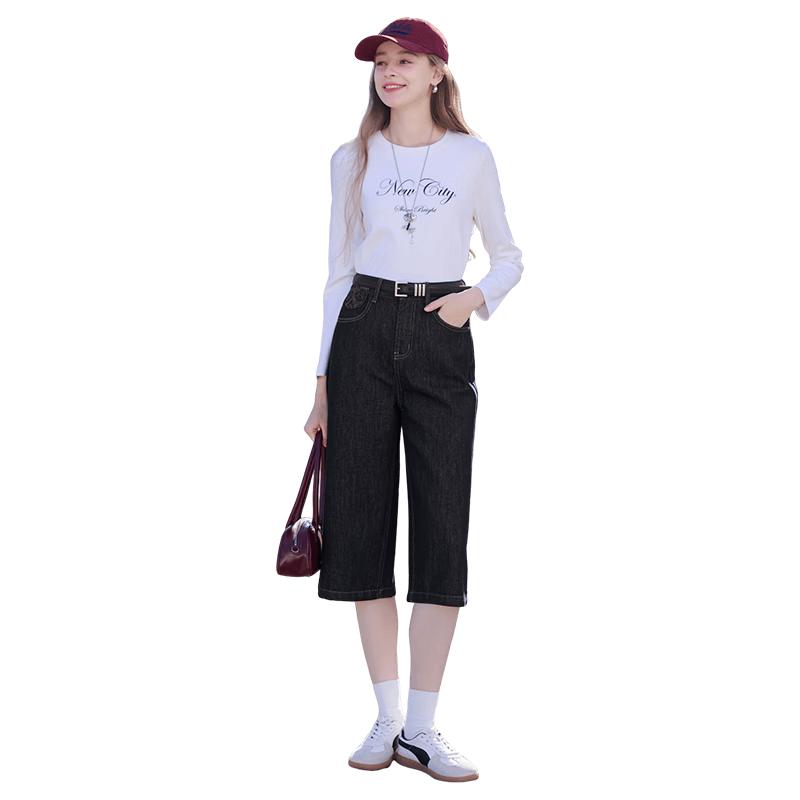 

Women s Washed Denim High-Waist Wide-Leg Cropped Jeans L