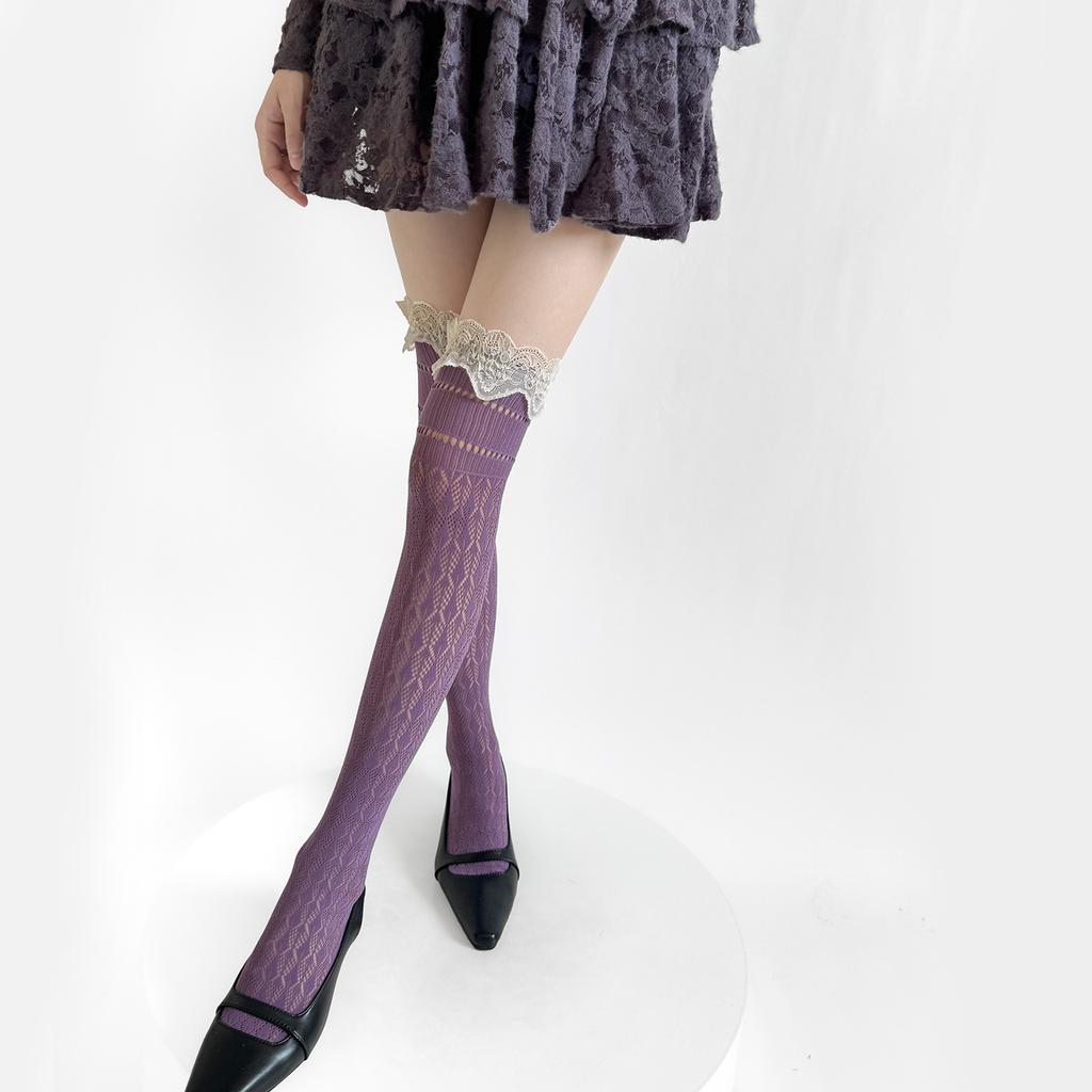 Hollowout Weave Fishnet Geometric Pattern Stockings Thigh High Socks Ruffle Lace Trim Overknee Stockings for Women Girls