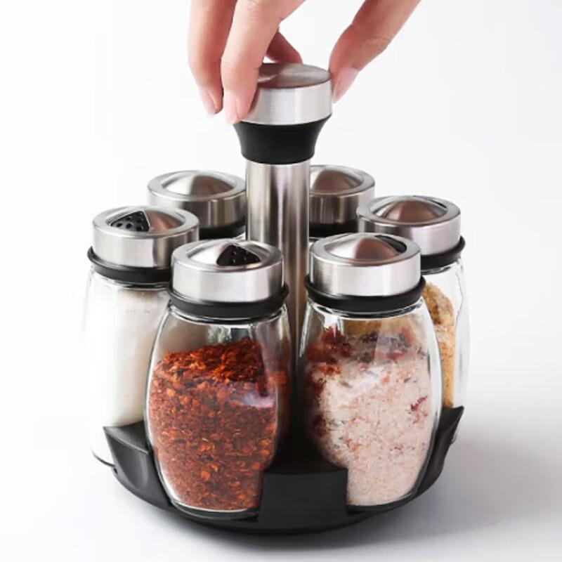 7-Piece Rotating Glass Seasoning Jar and Bottle Set