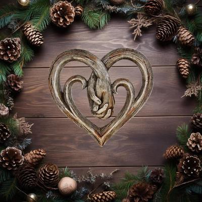 Cuore in Ottone Superiore Mani che si Tengono Decorazione da Parete Scultura d'Arte Decorativa - Finitura Finto Legno - Amore Eterno