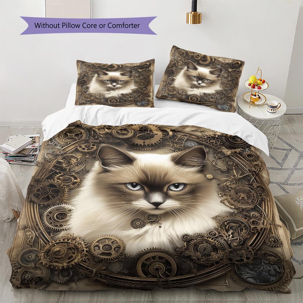 Gear Cat Pattern Bedding Quilt Set Quilt Cover Pillowcase Home Decoration Gift (1 * duvet cover + 2 * pillowcase, without core)