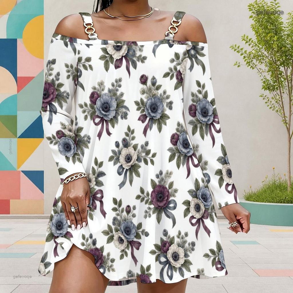 Women Plus Size White Floral Printed Cold Shoulder Long Sleeve Dress