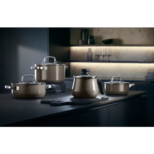 WMF FusionTech Mineral High Casserole DR (Dark Brass), a 20cm deep double-handled pot compatible with induction and gas stoves, perfect for waterless