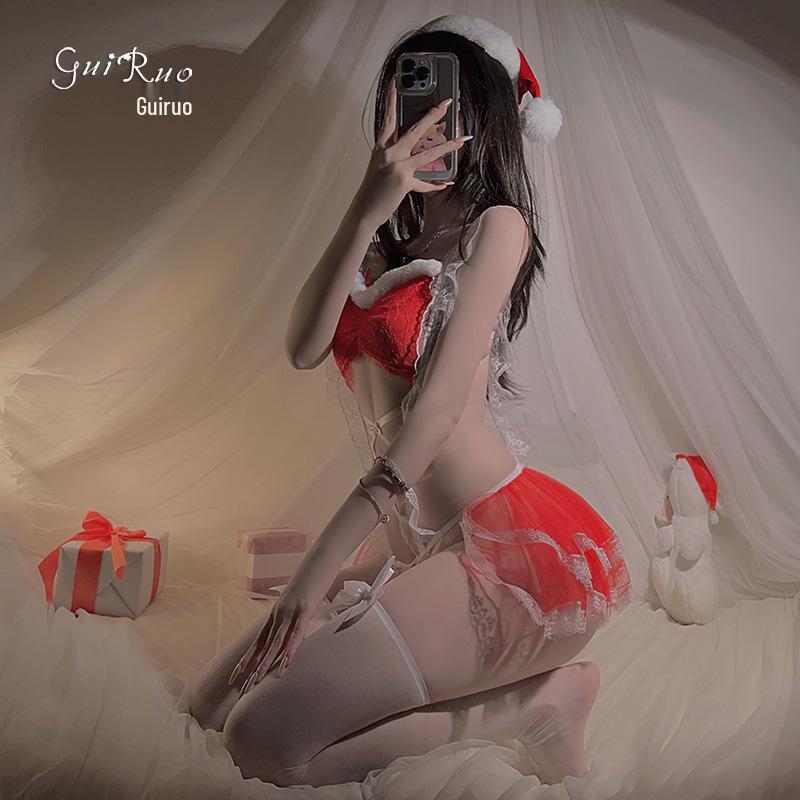 Gorgeous Sexy Maid Lingerie Christmas Role Play Set - Plush Cutout Mesh Skirt