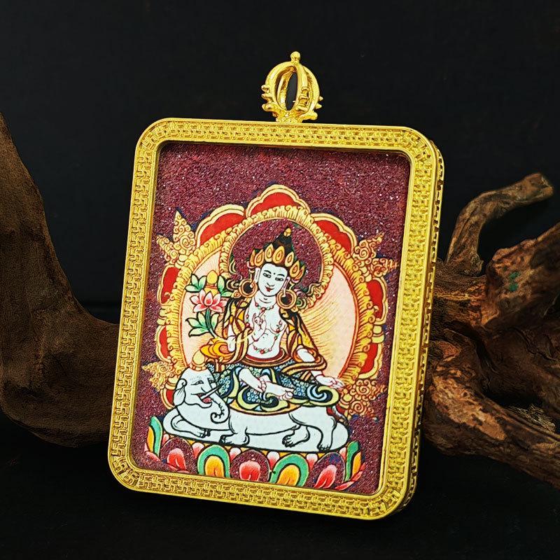 Zodiac Cinnabar Thangka Pendant - Eight Guardian Deities Amulet Box (Samantabhadra & Manjushri)