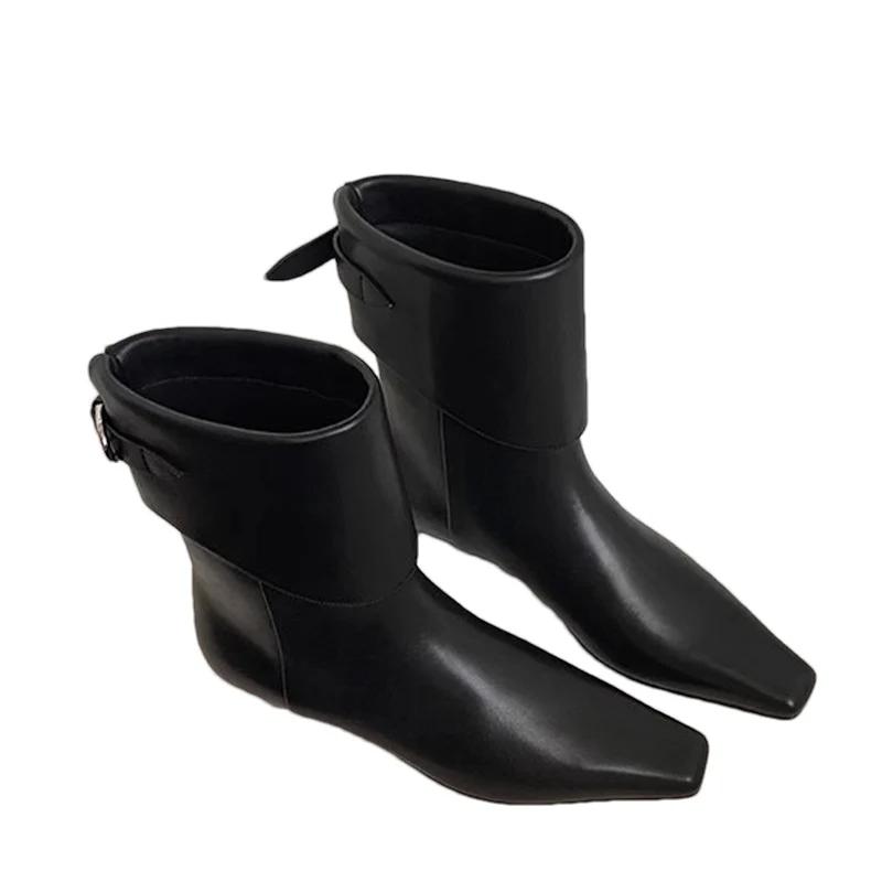 Flats Women Ankle Boots Square Toe Fashion Sexy Leather New Shoes 2025 Trend Designer Classic Buckle Goth Winter Botas De Mujer