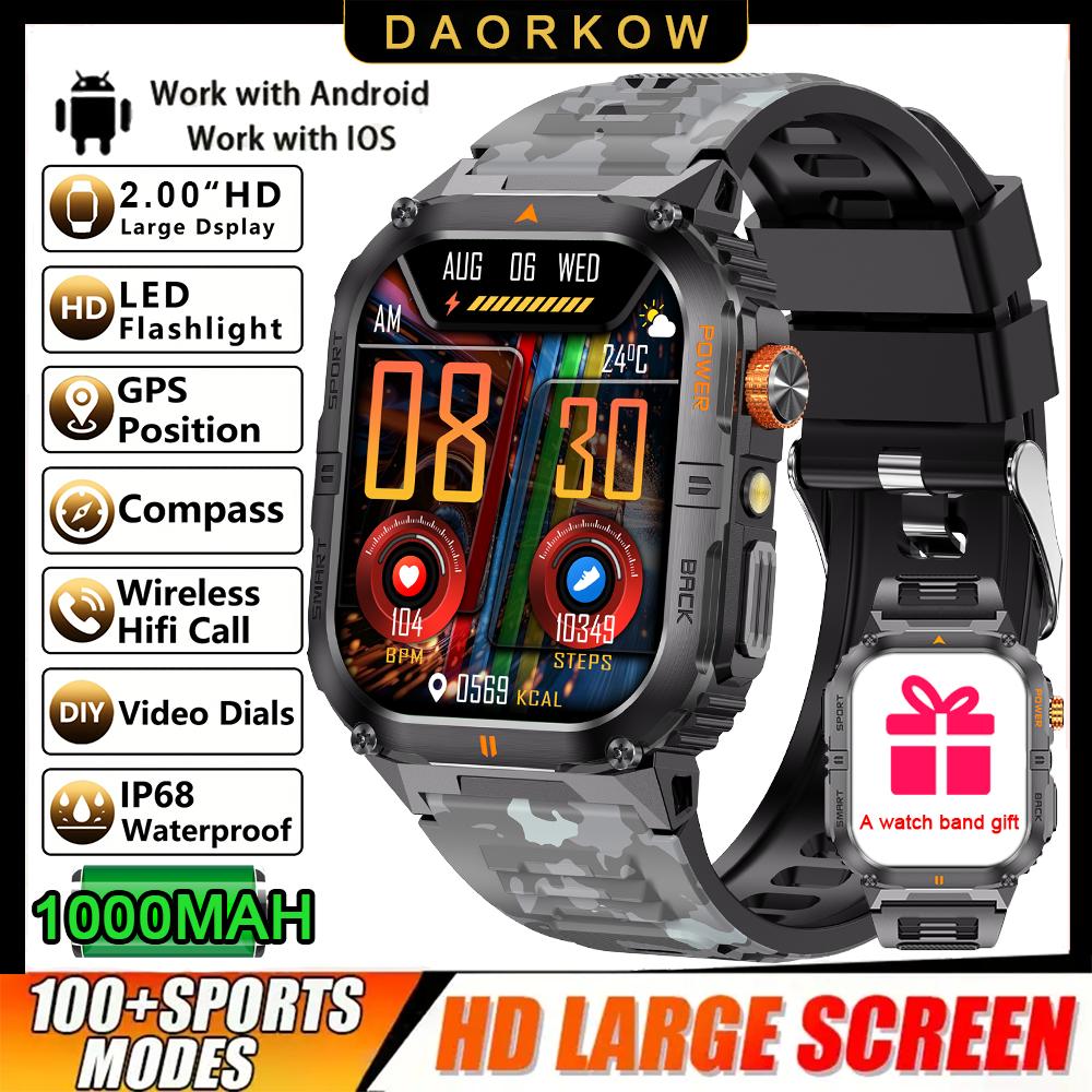 1000mAh Super Capacity Battery Adult Men Smart Watch 2.0-inch Large Screen Bluetooth Call IP68 Waterproof SmartWatch Sports