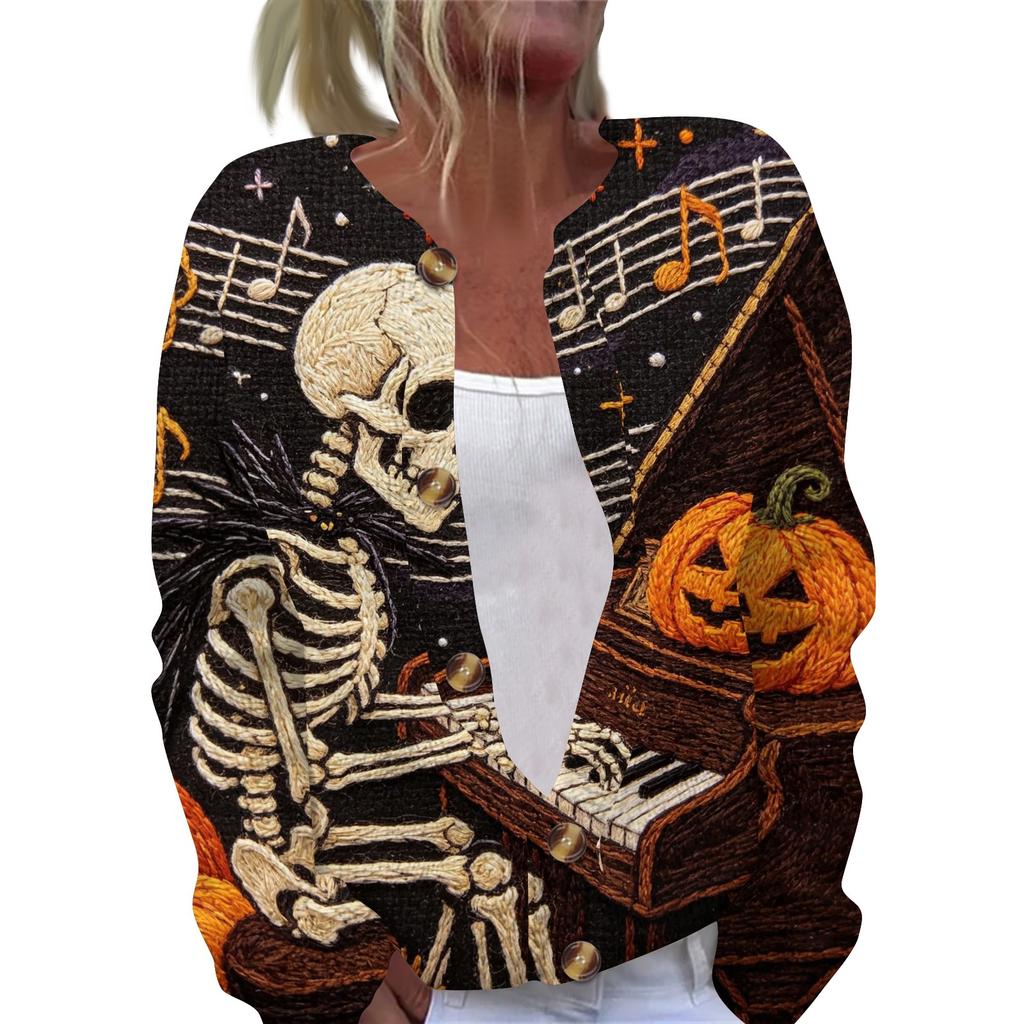 Women's Halloween Long Sleeve Knit Cardigan Button Up Sweater Skeleton and Pumpkin Musical Print Lightweight Outerwear for Fall and Winter