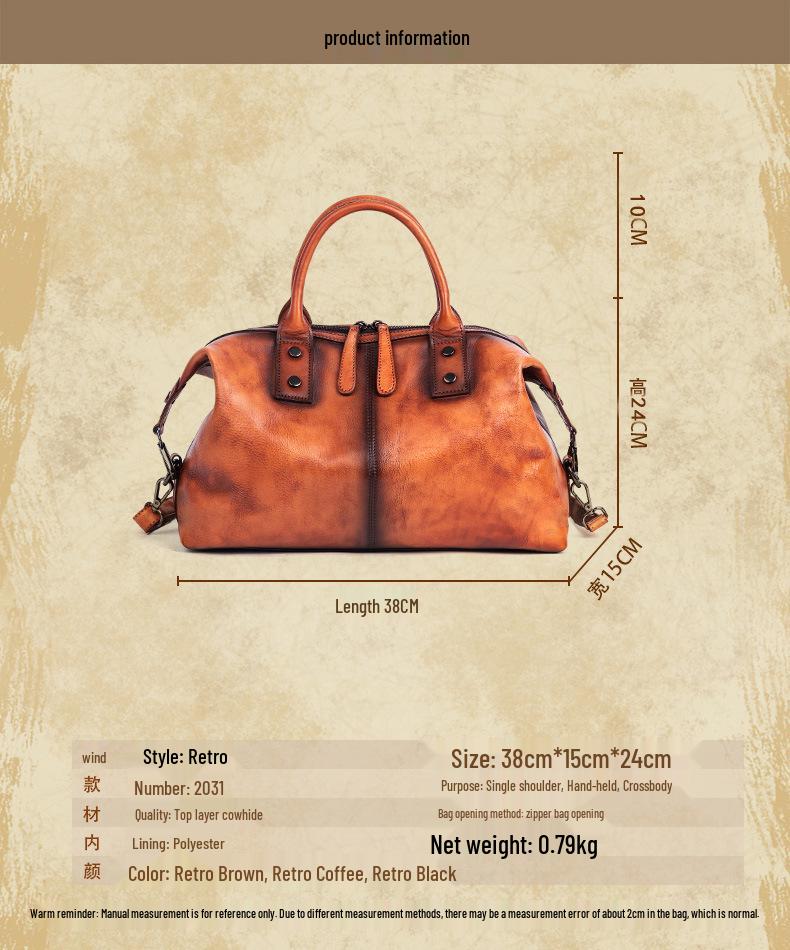2025 European & American Retro Cowhide Women's Handbag - Top Layer, Color-Rubbed, Single Shoulder & Crossbody, Large Capacity