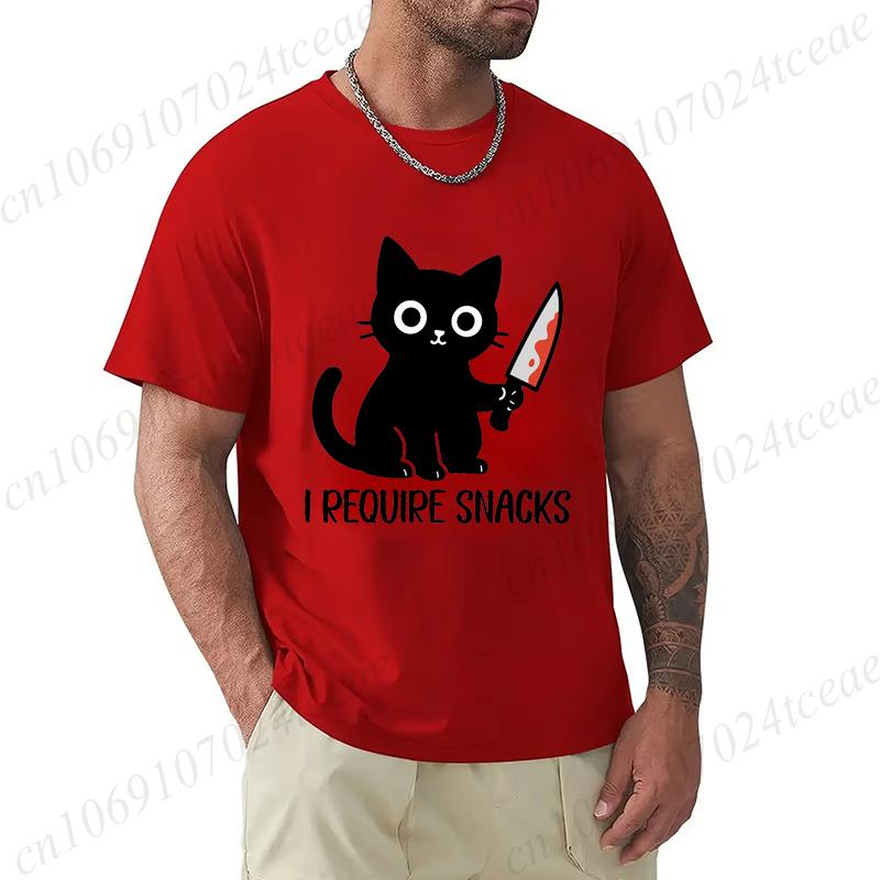 Summer Men's Tee T-shirt Clothes I Require Snacks Black Cat Print T-Shirts Clothing Funny Meme Animal Lover Tops Tees Clothes