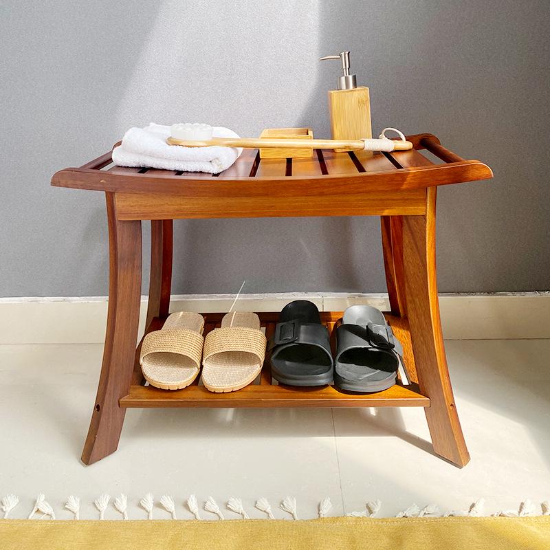 Two-Tier Waterproof Teak Bathroom Stool - Non-Slip Wooden Bench for Shower & Shoe Changing