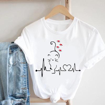 Women Print Love Heartbeat Cute Cat Tee Top Summer Fashion Tshirt Short Sleeve Lady Female Clothing Casual Graphic T-shirt