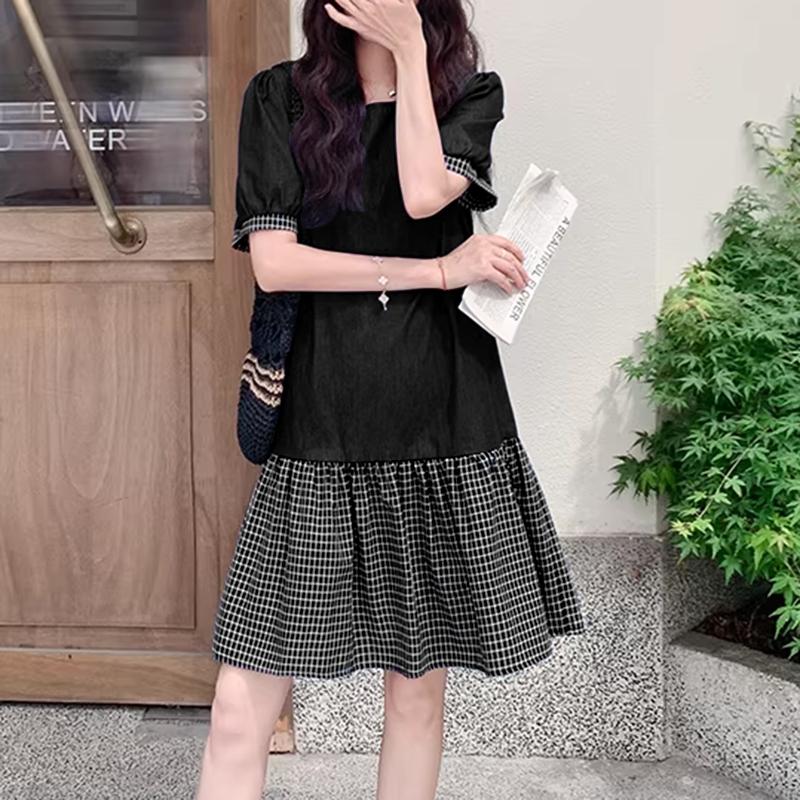 

ZANZEA Women Casual Round Neck Short Sleeve Plaid Print Splice Loose Dress 5XL чорний