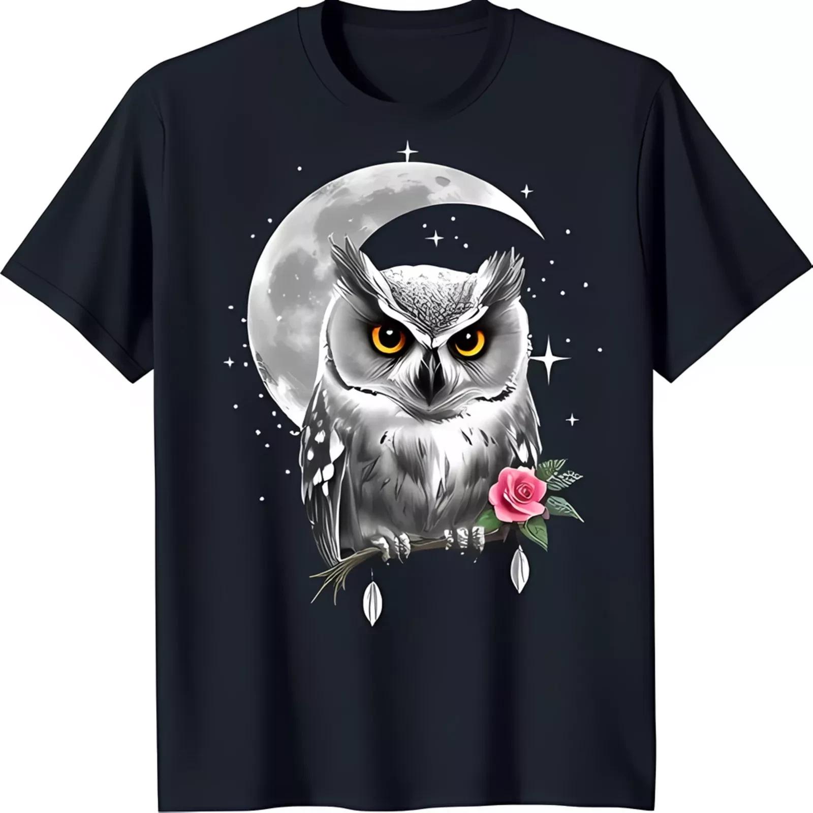 Mystical White Owl Black T-Shirt – Enchanting Night Bird Graphic Tee for Fans S