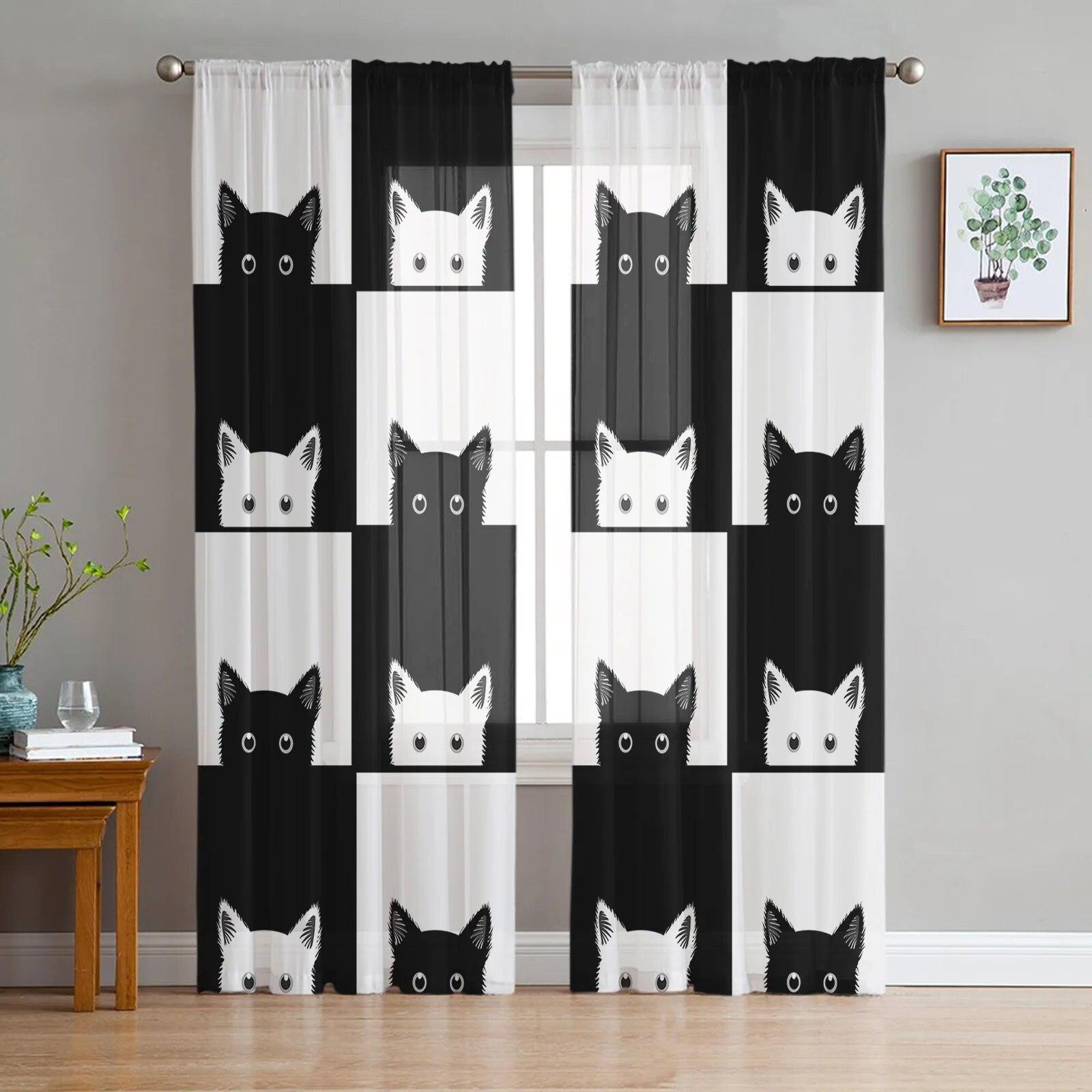 Schattige Huisdieren Kat Moderne Gordijnen Voor Woonkamer Transparante Tule Gordijnen Raam Sheer Voor De Slaapkamer Accessoires Decor W135 x H183cm