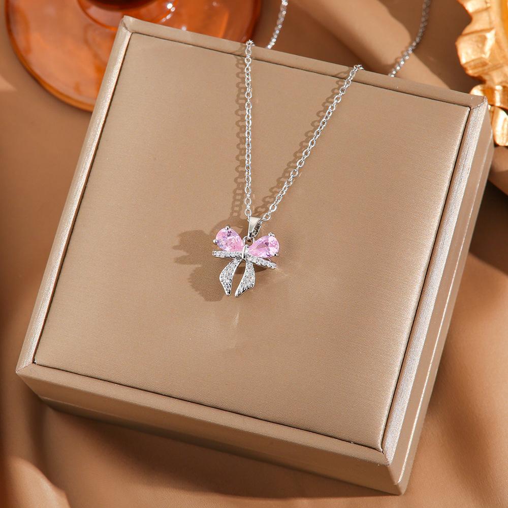 [Micro-Set Pink Zircon Titanium Steel Necklace Sweet Light Luxury Fashion Choker Jewelry]